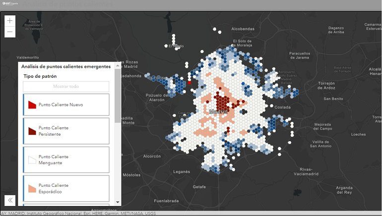Mapa de puntos calientes y fríos de concentración de accidentes de tráfico en Madrid a lo largo del tiempo. Plataforma ArcGISS para la Seguridad de ESRI España