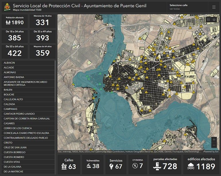 Cuadro de mandos con una simulación de una inundación y qué viviendas y población quedaría afectada, para la creación de planes de prevención de protección civil. Plataforma ArcGISS para la Seguridad de ESRI España
