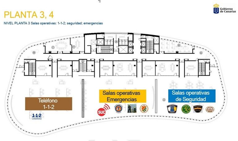 Edificios de Servicios Esenciales del Gobierno de Canarias. ESE_planta 3-4_Plano en planta de las áreas de seguridad y emergencias.