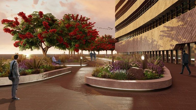 Edificios de Servicios Esencial del Gobierno de Canarias_simulación vista jardín